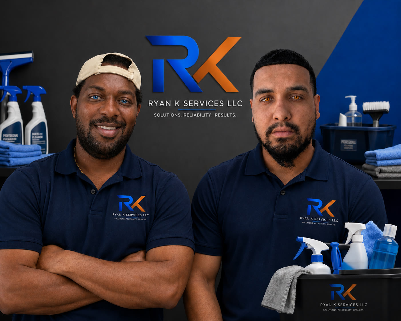 The two owners of Ryan K Services in branded uniforms, standing in front of the company logo with professional cleaning supplies